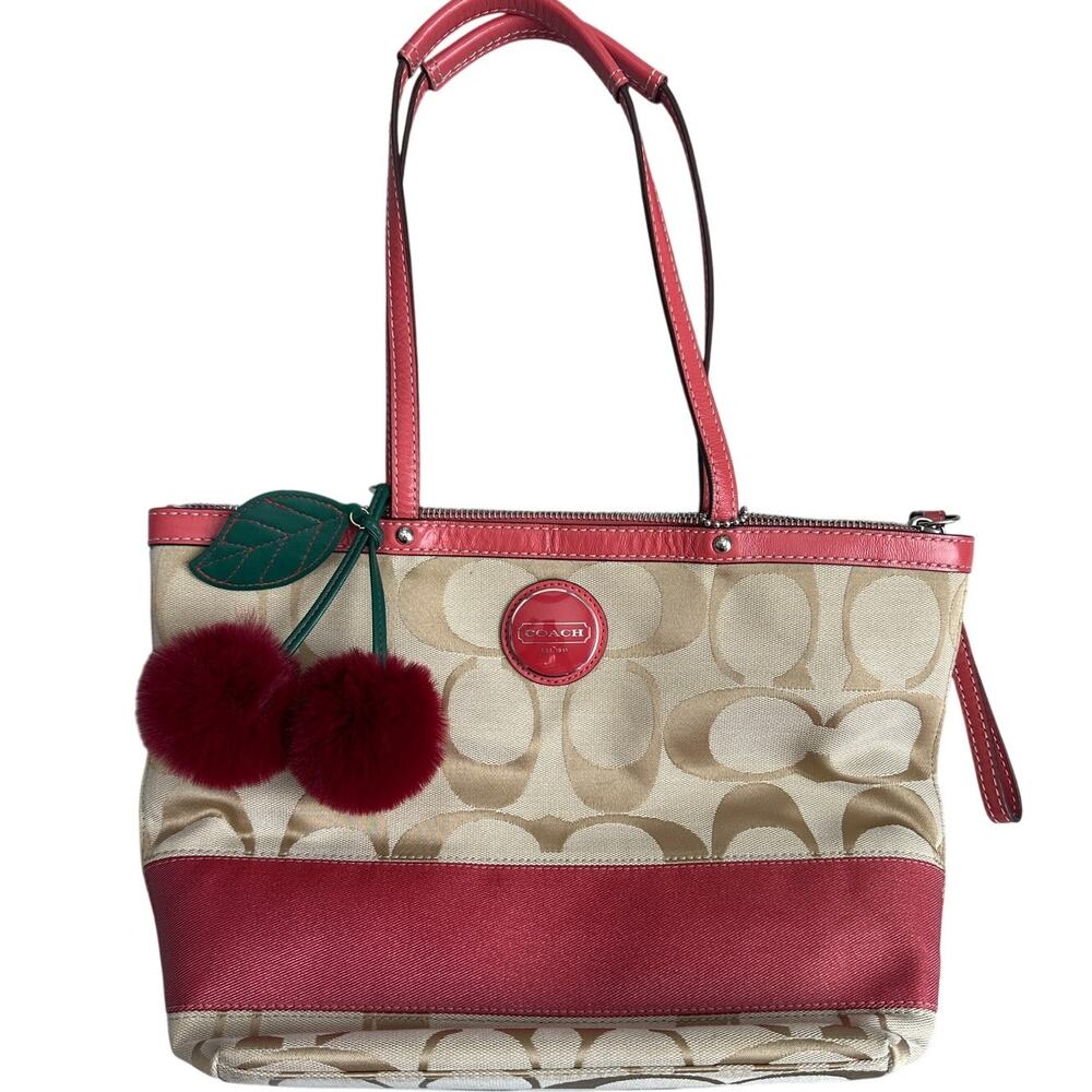 Coach Signature Stripe Tote Coral Pink Fuzzy Cherry Charm Coquette Y2K
